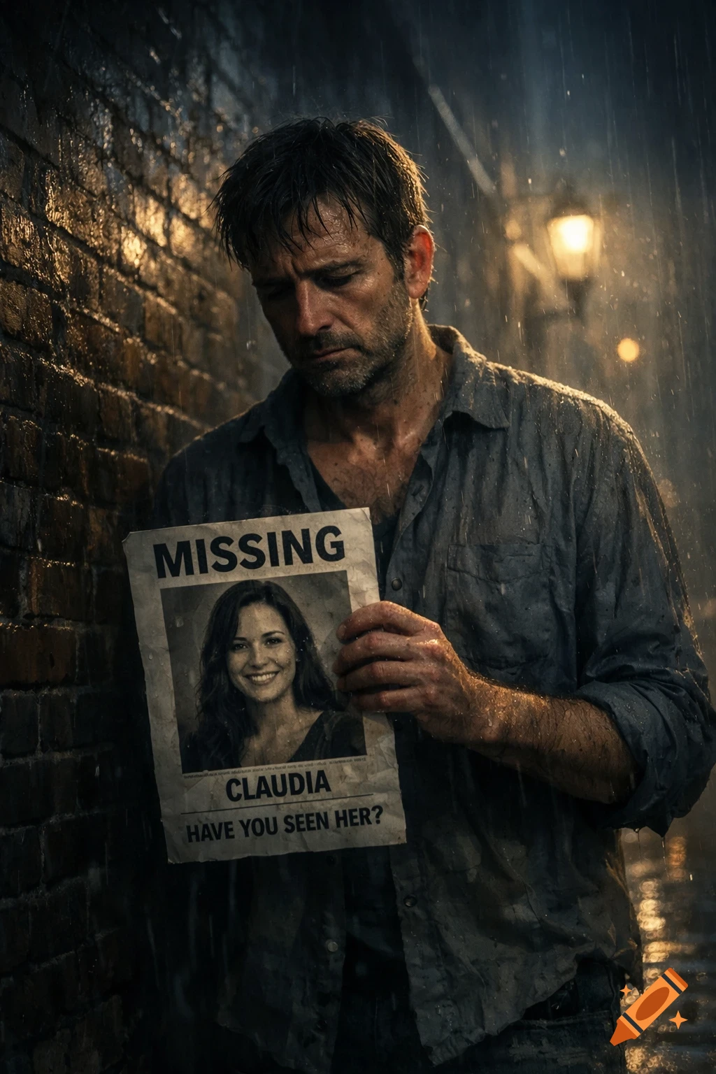 A somber man in a wet shirt stands in the rain, holding a missing poster for Claudia against a brick wall.