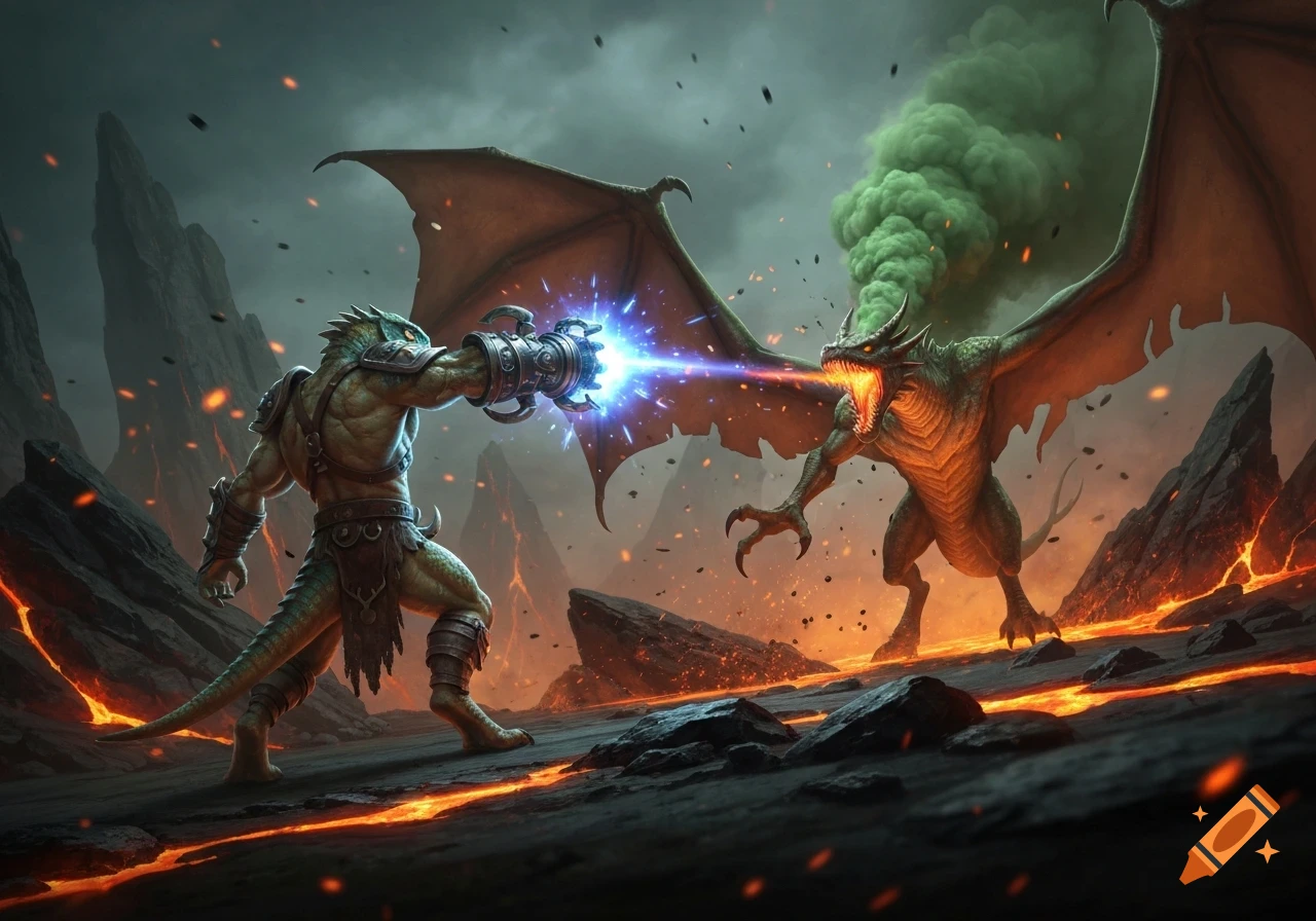 A lizardman warrior with an arcane propulsion arm launches a blue energy beam at a roaring green fume dragon in a fiery volcanic landscape.
