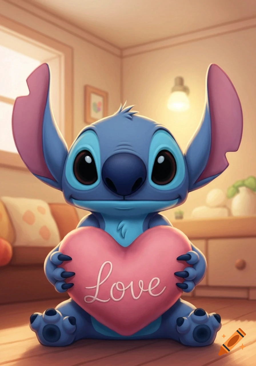 Cute blue alien Stitch sits on a wooden floor, holding a pink heart with 'Love' on it, in a cozy room. Stylized illustration.