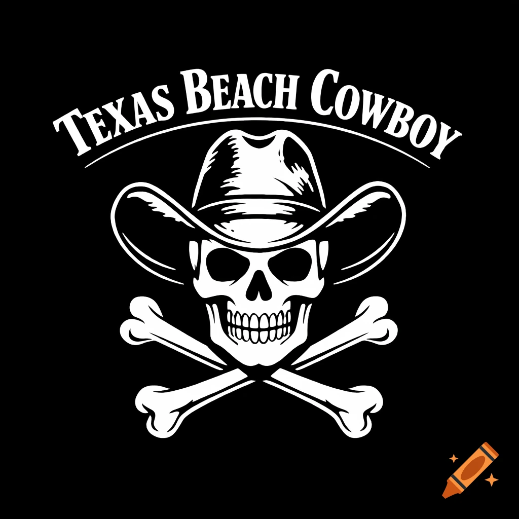 A black and white logo featuring a skull wearing a cowboy hat above crossed bones, with the text 'TEXAS BEACH COWBOY' curved above.