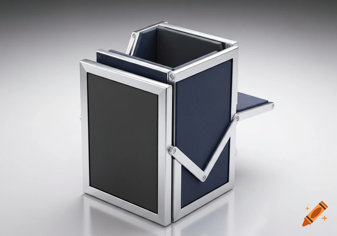 A modern collapsible modular folding chair with a silver frame and dark blue panels, on a reflective gray surface.