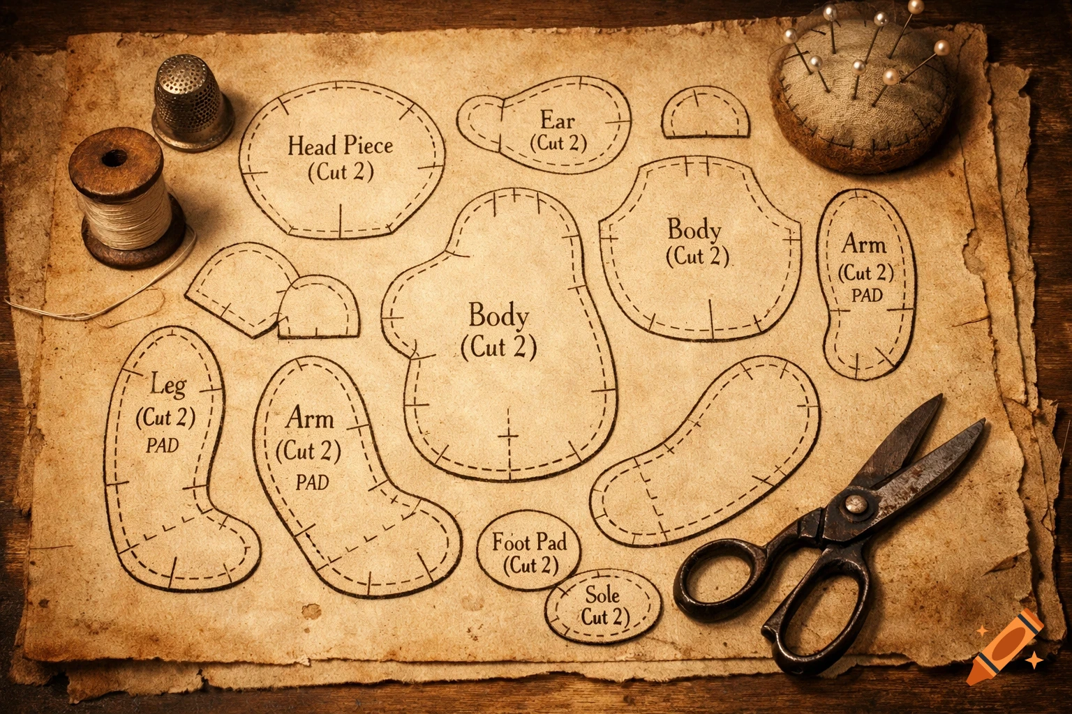 Vintage teddy bear sewing pattern pieces for head, body, arms, legs, and foot pads, along with scissors, thread, thimble, and a pincushion, all on aged paper.