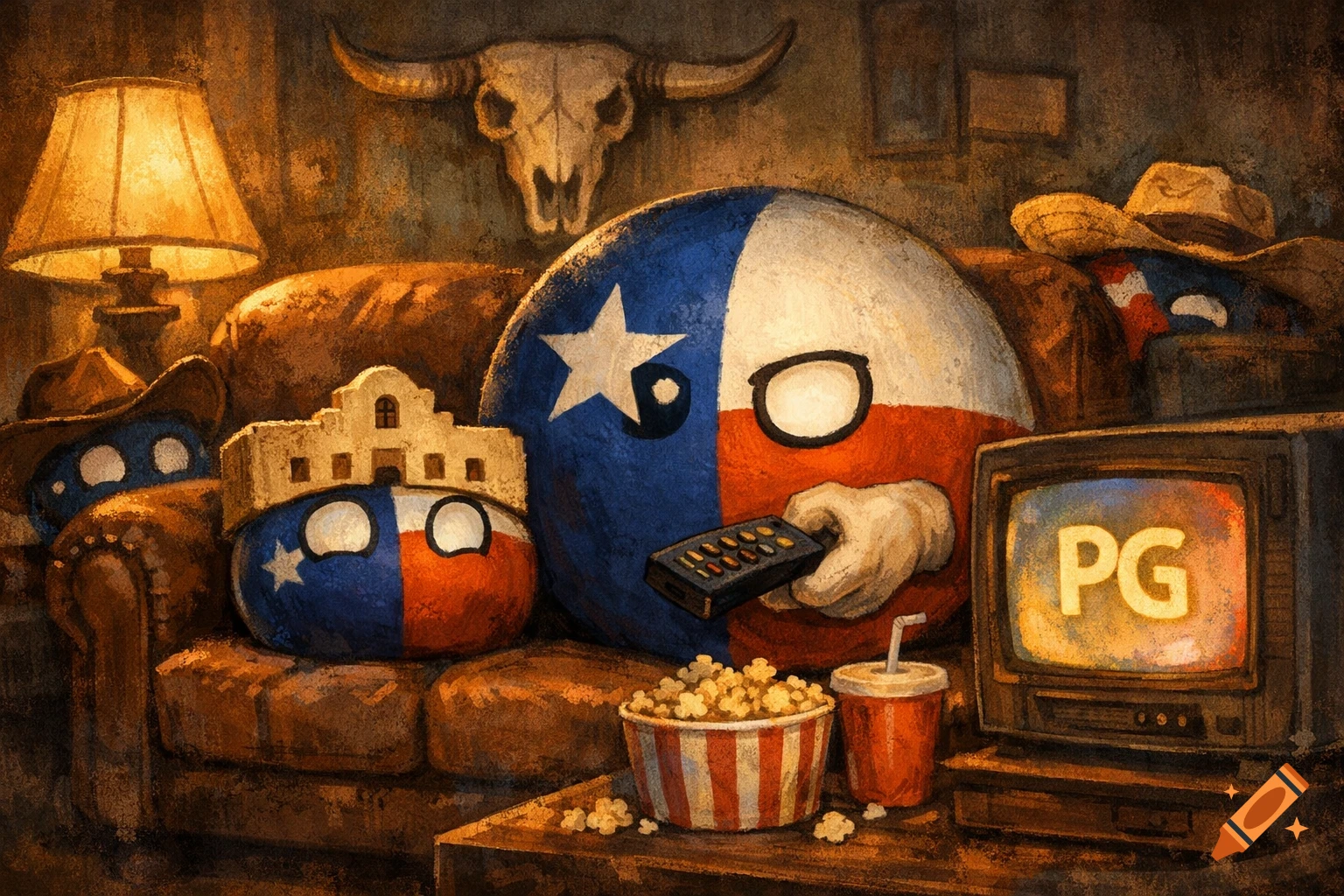 Texas Countryballs on a couch watch a TV showing 'PG', with popcorn and soda. A bull skull hangs on the wall in a painterly illustration.