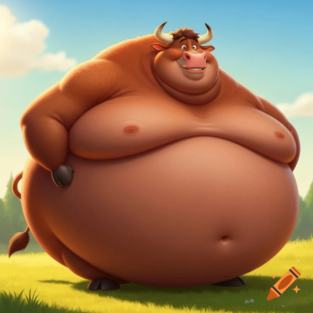 A super obese and round anthropomorphic bull with a massive gut and chest stands in a green field under a blue sky, in a Pixar-like cartoon style.