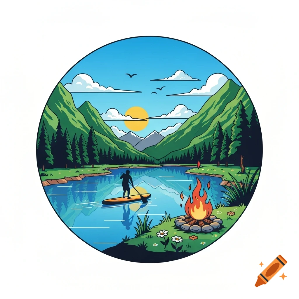 Vibrant circular illustration of a person paddleboarding on a river with mountains, a sunny sky, and a campfire.