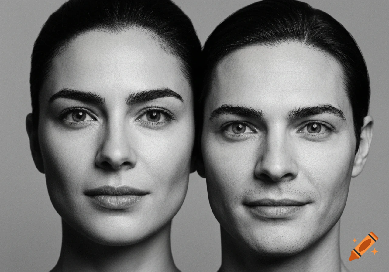 Black and white close-up studio portrait of a woman and a man with neutral expressions, faces touching.