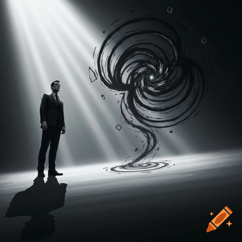 Monochromatic image of a man in a suit looking up at light rays, with a dark abstract swirl and a distorted shadow.