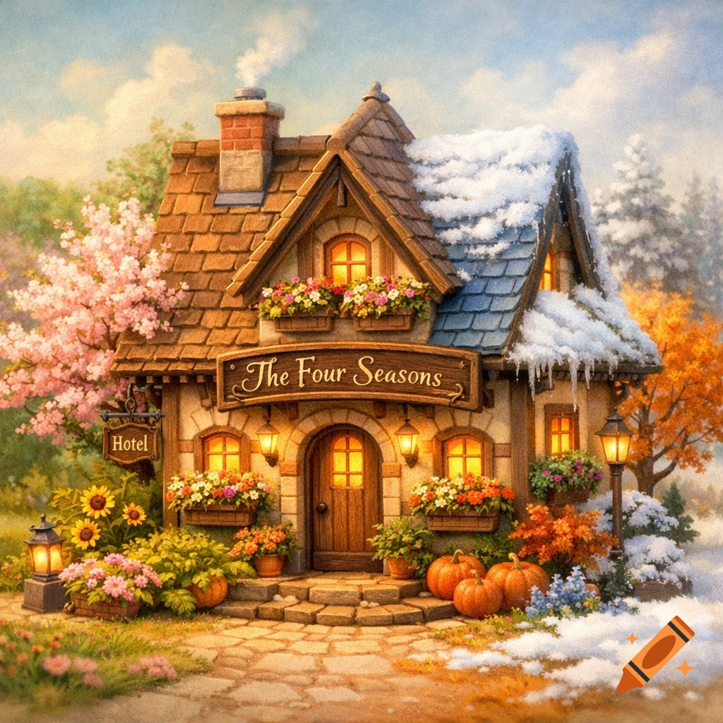 A charming fantasy hotel with 'The Four Seasons' sign, surrounded by spring blossoms, summer sunflowers, autumn leaves, and winter snow.
