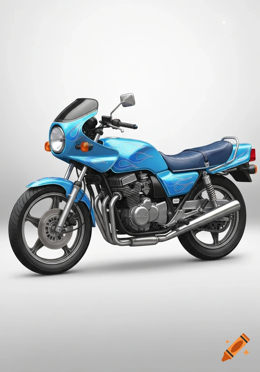 A custom light blue motorcycle with flame decals and a dark blue seat, set against a plain white background.