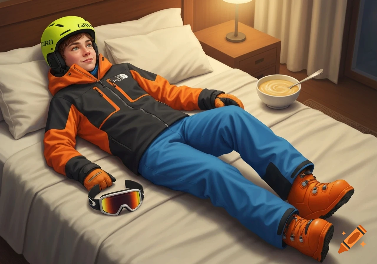 A young skier wearing a neon yellow helmet, orange and black jacket, blue pants, and orange ski boots lies on a bed next to ski goggles and a bowl of vanilla sauce.