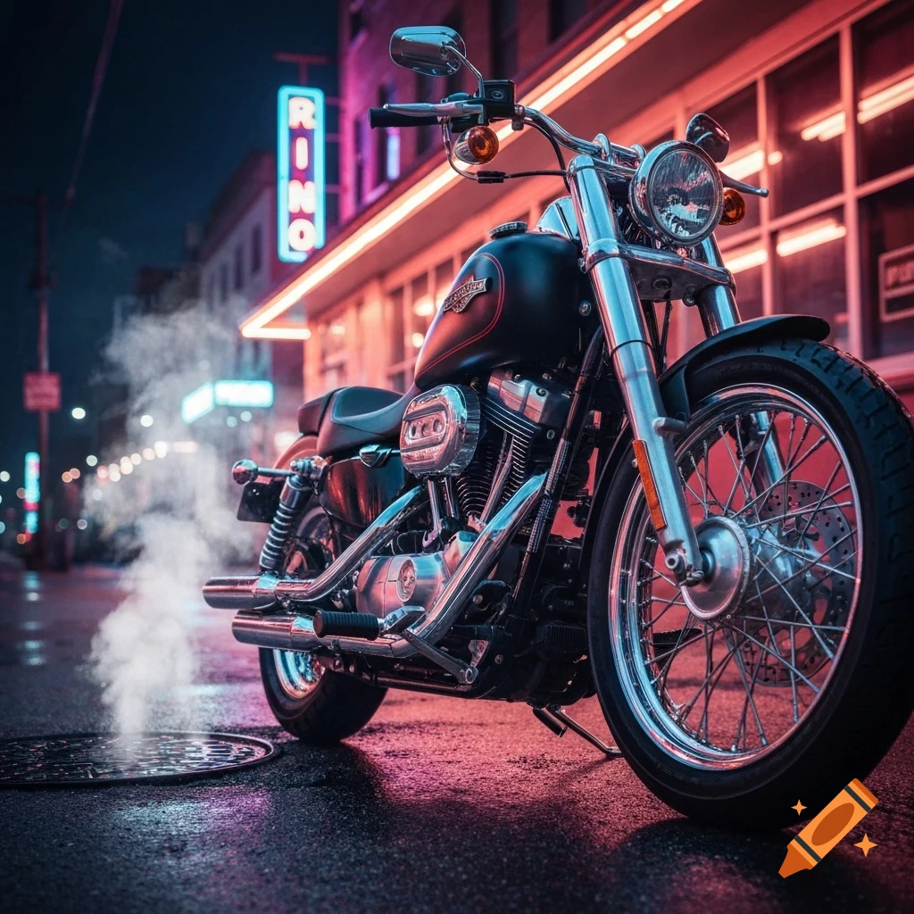 A black Harley-Davidson style motorcycle parked on a wet city street at night, bathed in the glow of vibrant neon lights.