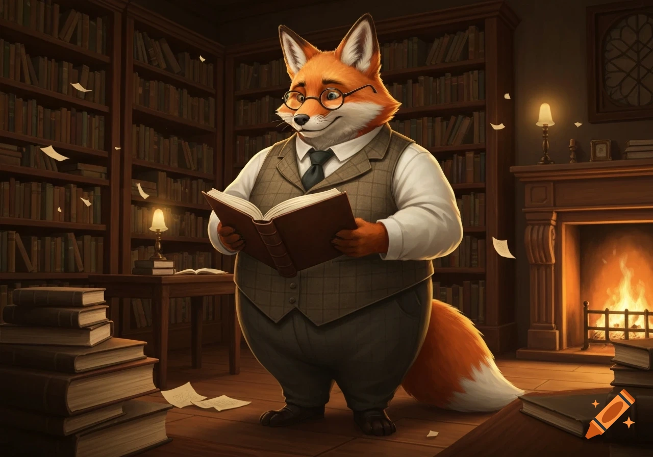 A portly anthropomorphic fox with glasses, wearing a vest and tie, reads a book in a cozy, lamp-lit library with a fireplace.