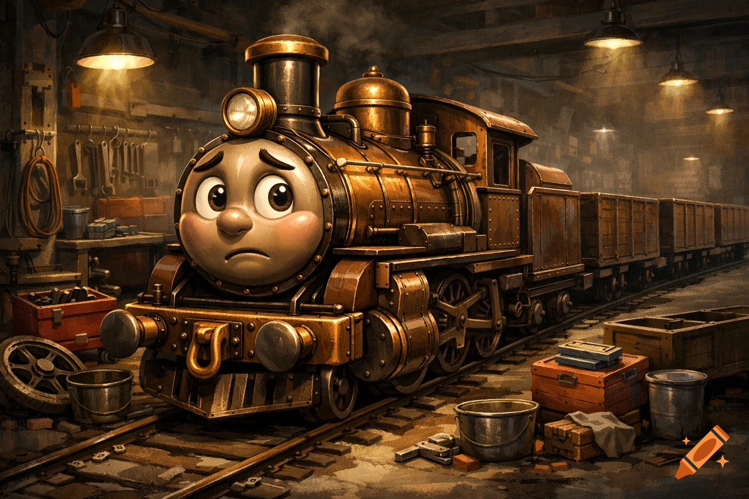 A worried-looking bronze cargo train in a detailed, cluttered workshop with tools and spare parts.