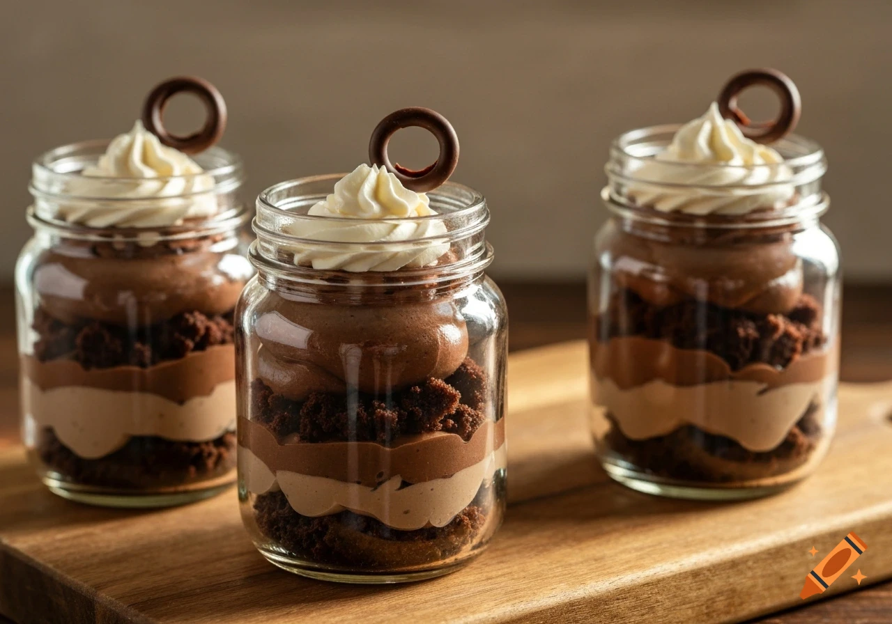 Three photorealistic chocolate dessert trifles in clear mason jars, topped with whipped cream and a chocolate curl, on a wooden board.