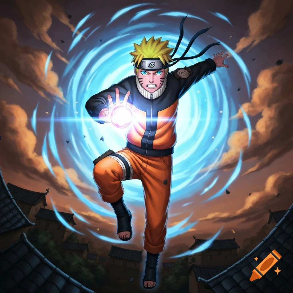 Anime-style Naruto leaps, charging a glowing energy ball, with a blue vortex and village roofs in the background.