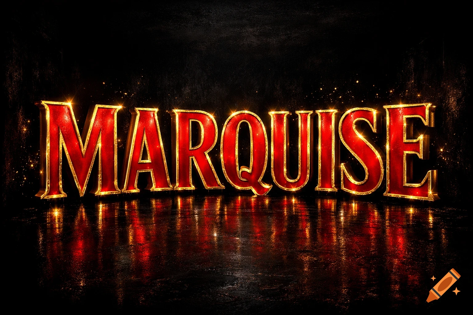 Bold, glowing red and gold letters spelling 'MARQUISE' reflected on a dark, wet surface.