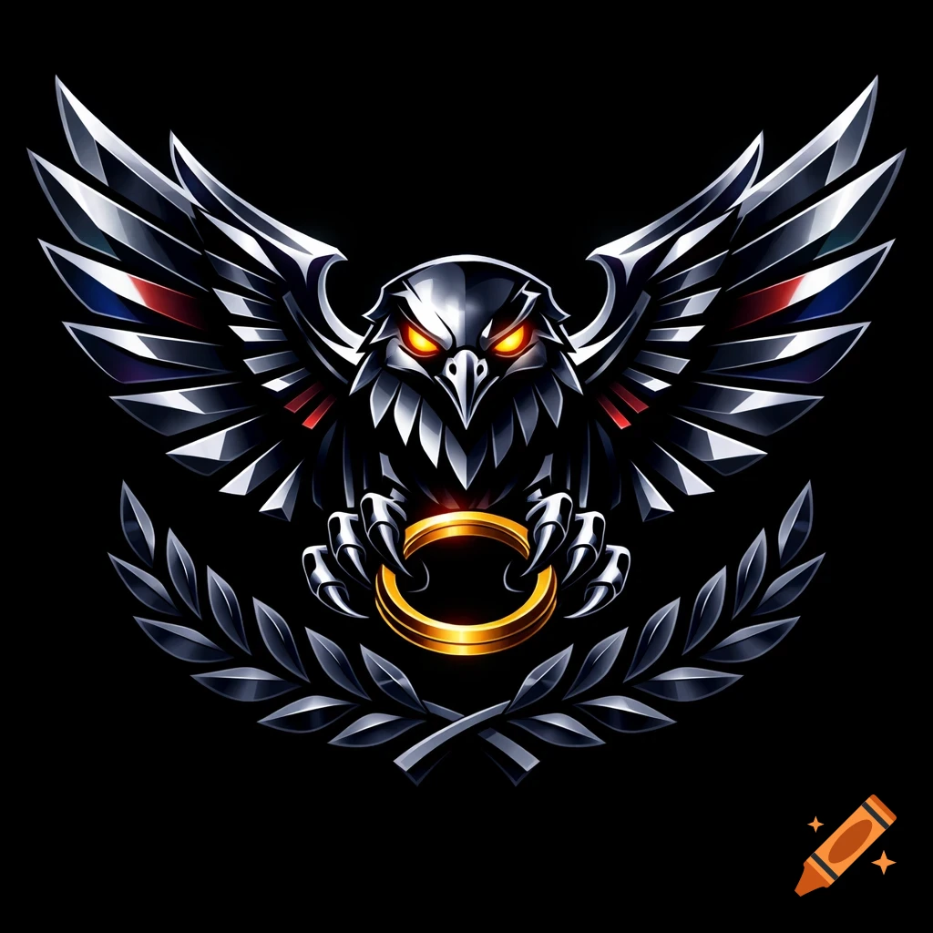 A stylized metallic falcon emblem with spread wings, glowing red eyes, clutching a golden ring above a laurel wreath on a black background.