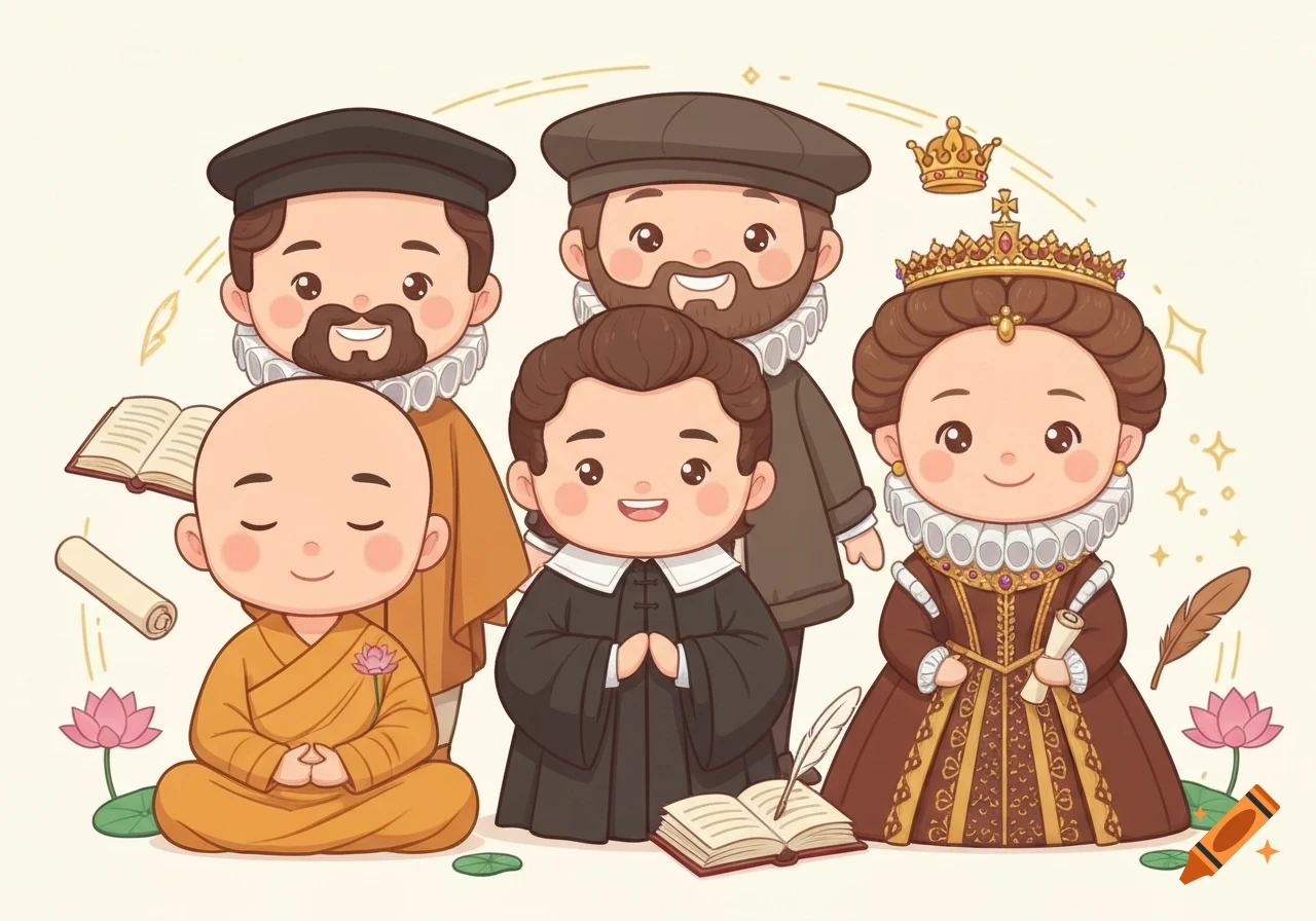 Chibi-style cartoon of five historical figures: Martin Luther, Henry VIII, Elizabeth I, Thomas More, and a monk, surrounded by symbolic items.
