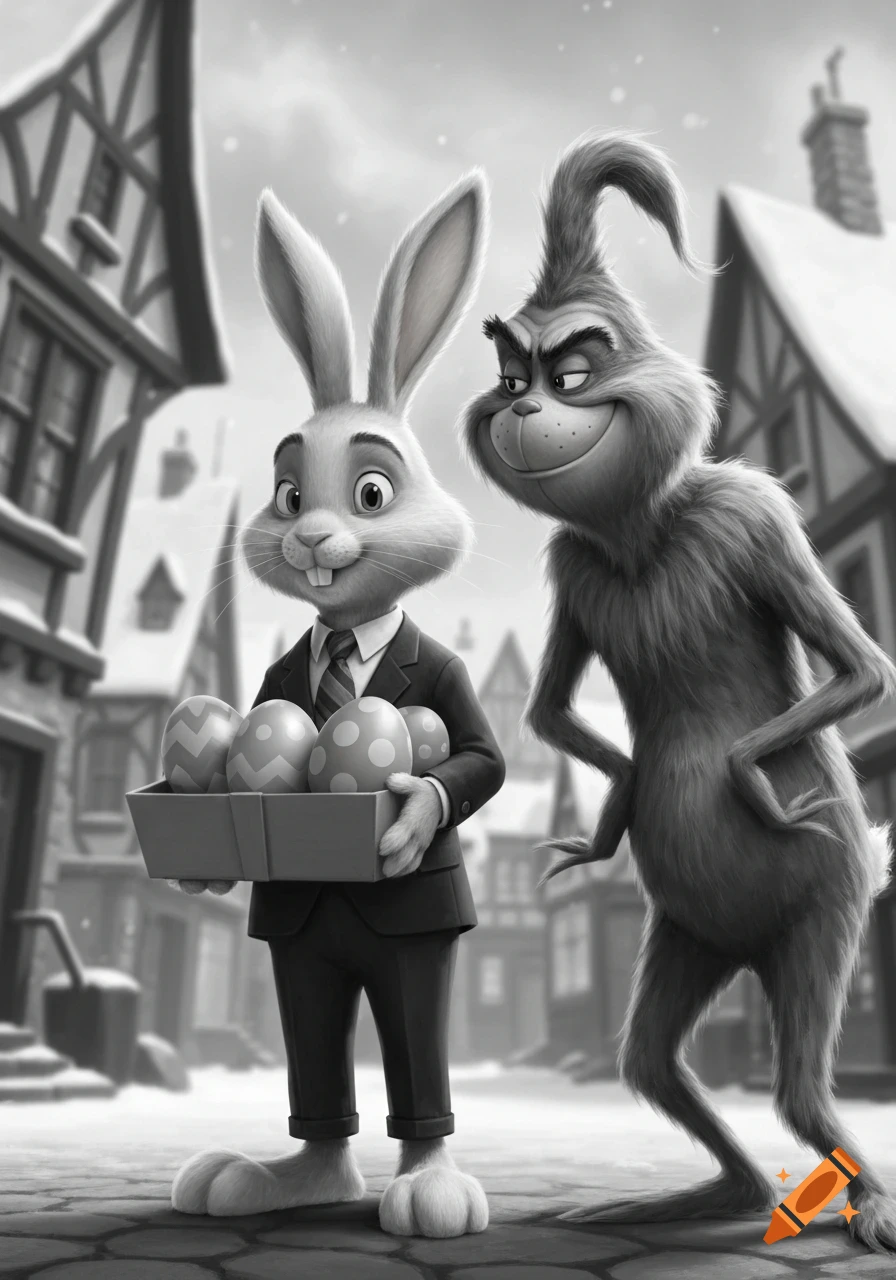 A cartoon Easter bunny in a suit holds a box of decorated eggs, while the Grinch smirks beside him on a snowy village street in black and white.