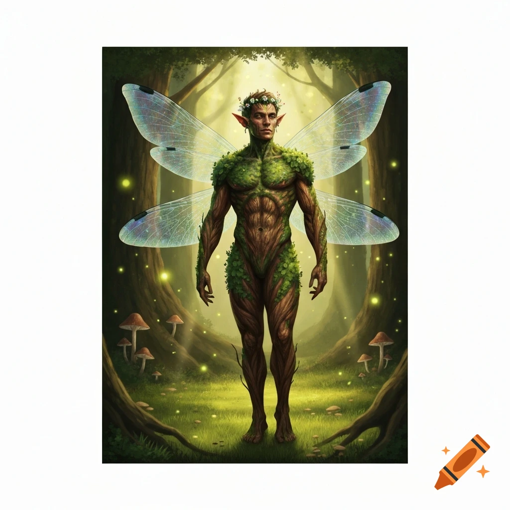 A male fairy with bark and foliage skin, iridescent dragonfly wings, and pointed ears, standing in an enchanted forest with glowing lights and mushrooms.