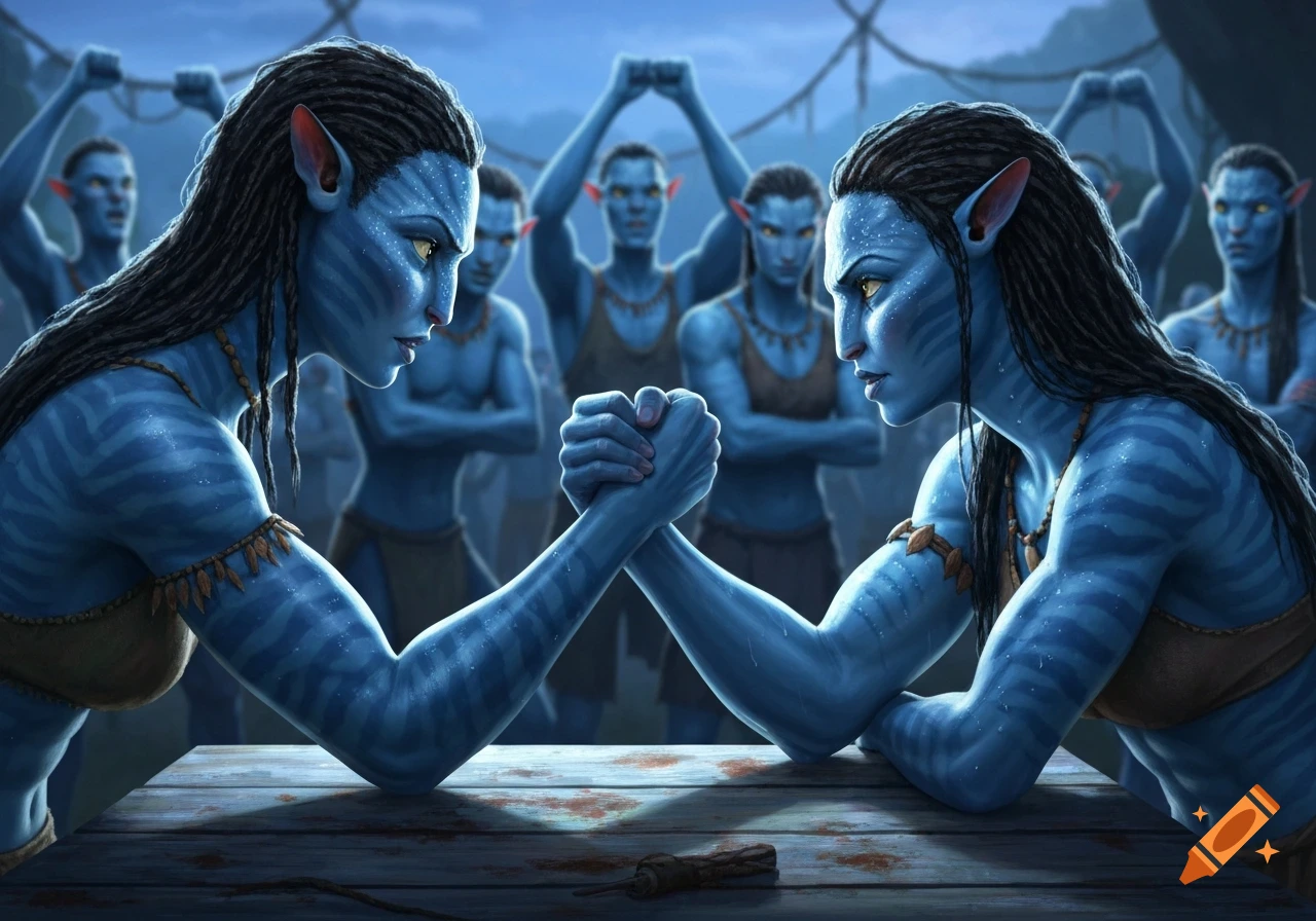 Two blue-skinned Avatar women arm wrestle intently on a wooden table, surrounded by cheering Avatar men, in a vibrant fantasy art style.