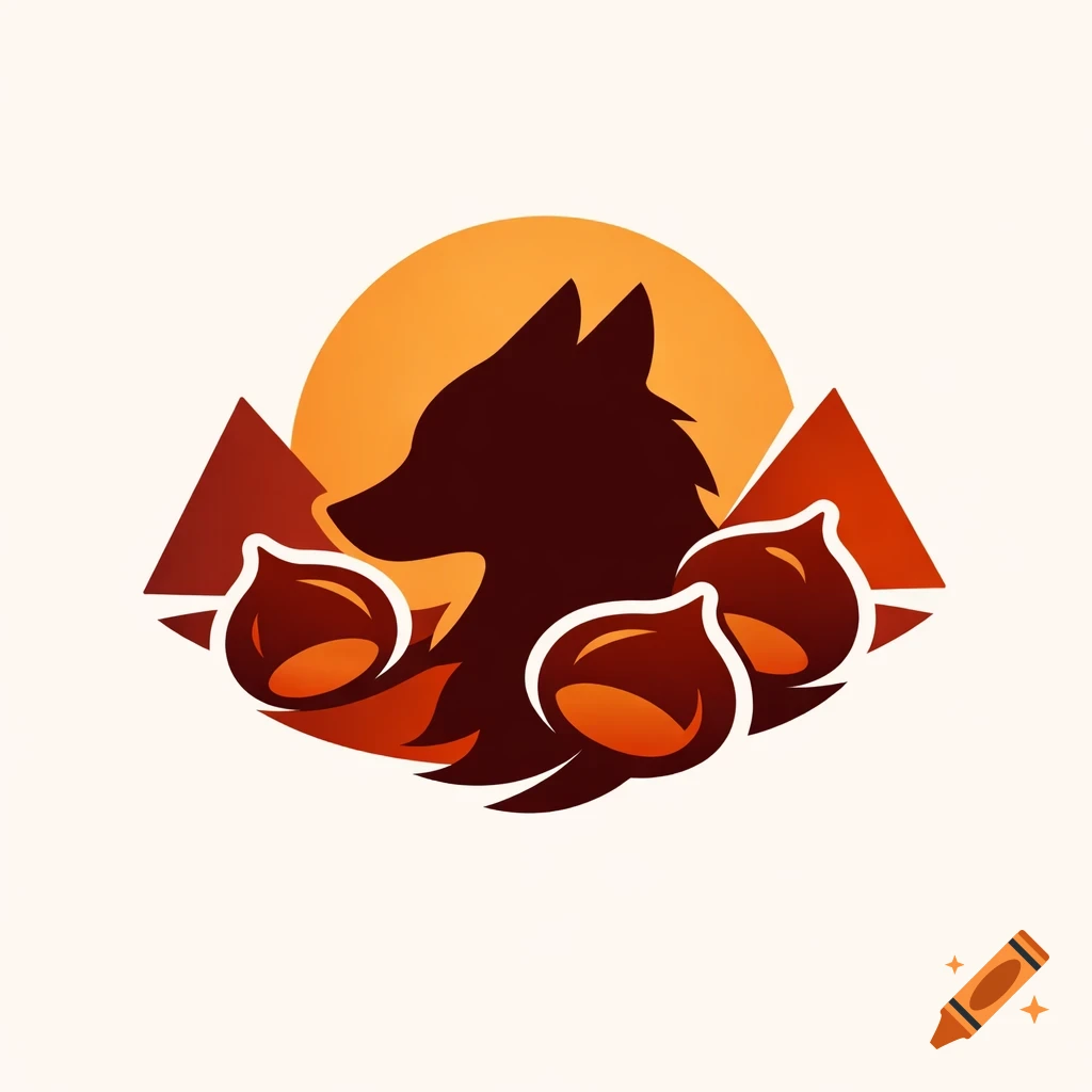 A stylized logo featuring a dark silhouette of a wolf's head surrounded by red and orange chestnuts, set against a sun and geometric shapes.