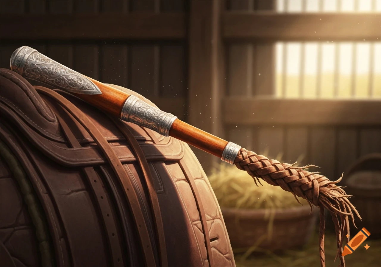 A decorative riding crop with a wooden handle and silver filigree, resting on a brown leather horse saddle in a sunlit barn.