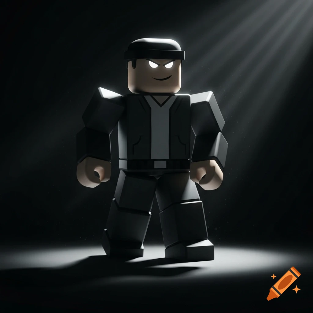 A Roblox-style blocky character with glowing white eyes and dark clothing, illuminated by cinematic lighting against a dark background.