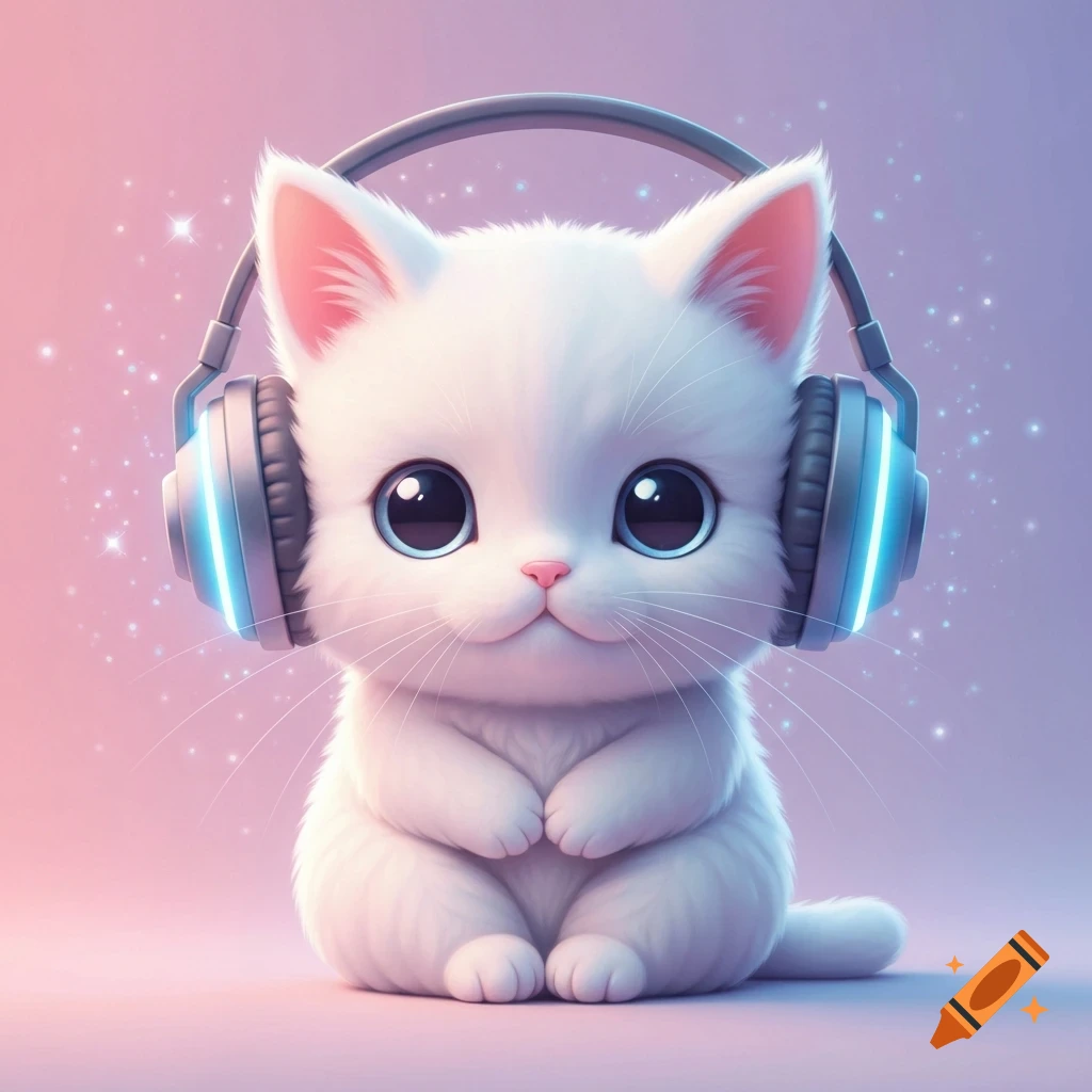 Fluffy white chibi cat with big blue eyes wearing headphones with glowing blue lights, on a pink and purple background.