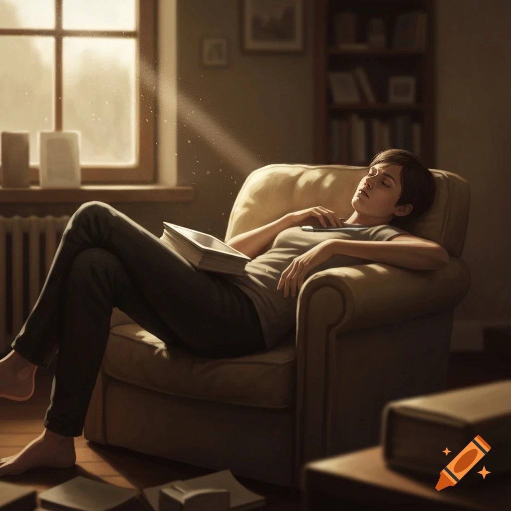A person sleeps peacefully in an armchair with a book on their lap, illuminated by sunlight from a window, in a painterly style.