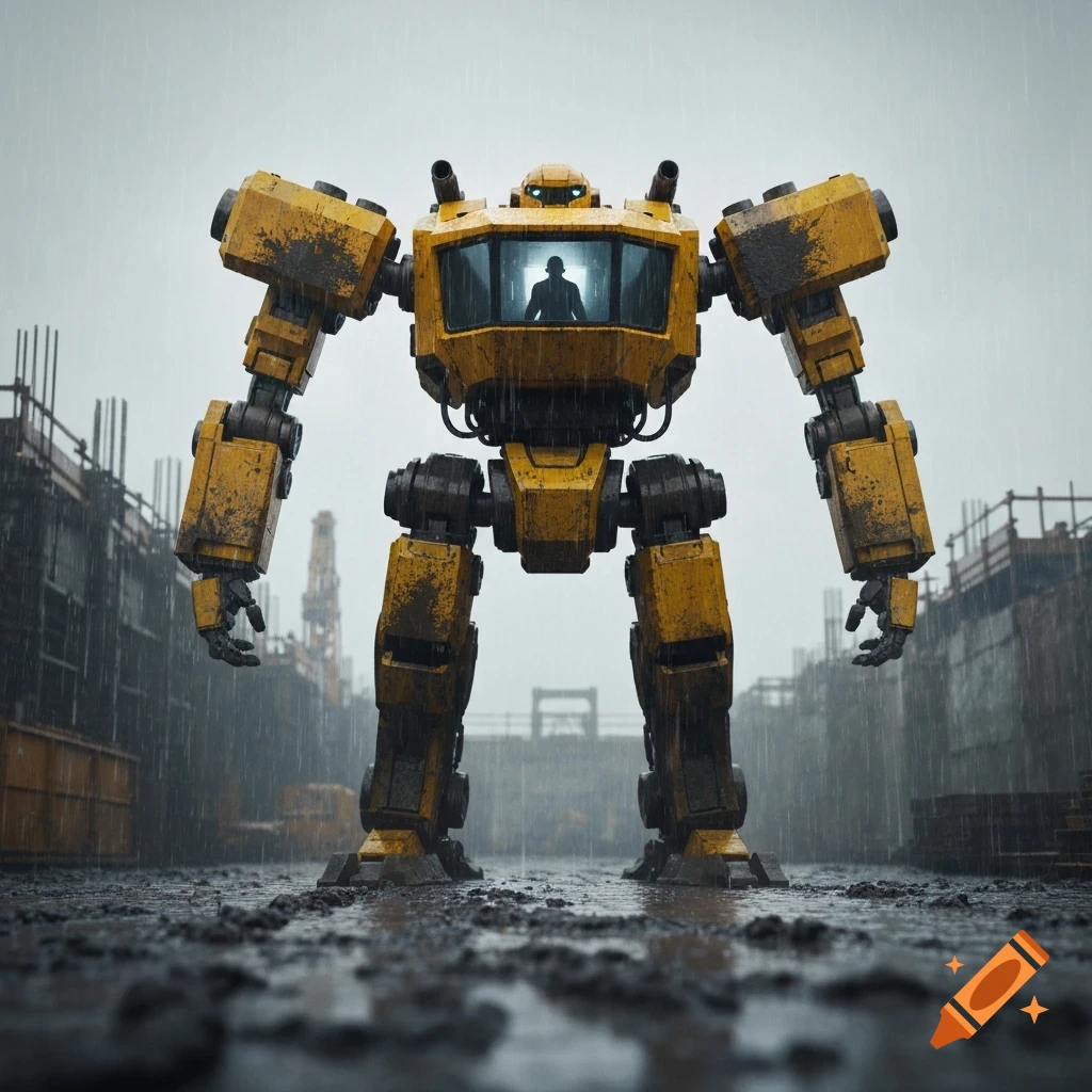 Photorealistic shot of a large yellow mecha with a pilot inside, standing on a muddy construction site in the rain.