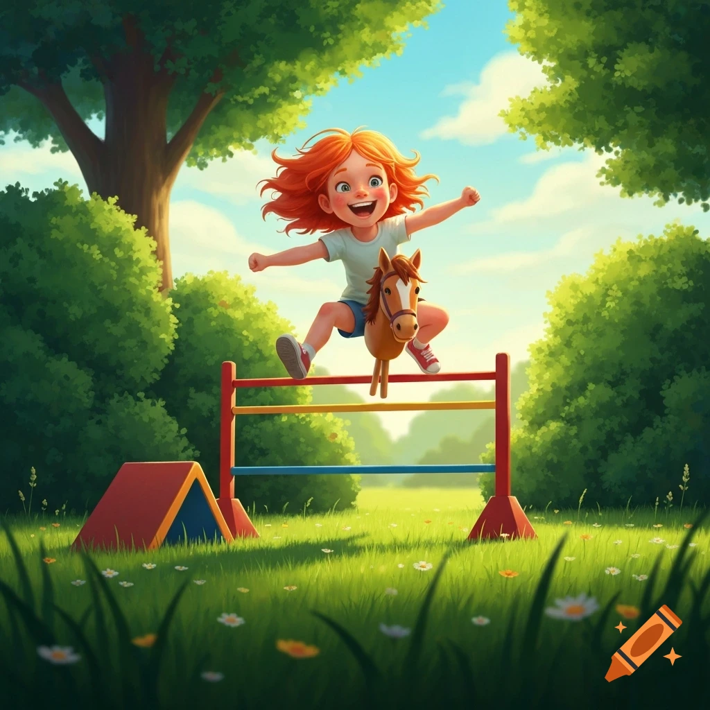 A happy red-haired girl on a stick horse jumps over a colorful hurdle in a sunny, green park with trees, in a cartoon style.