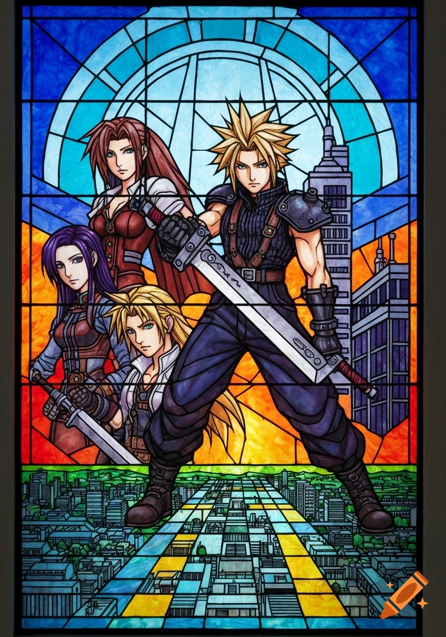 A vibrant stained glass artwork featuring Final Fantasy VII characters Cloud, Aerith, and Tifa over a stylized city.