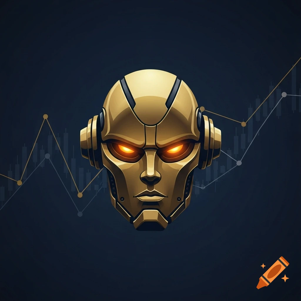 A sleek, golden futuristic robot head with glowing orange eyes against a dark background with cryptocurrency chart lines, in a professional logo style.