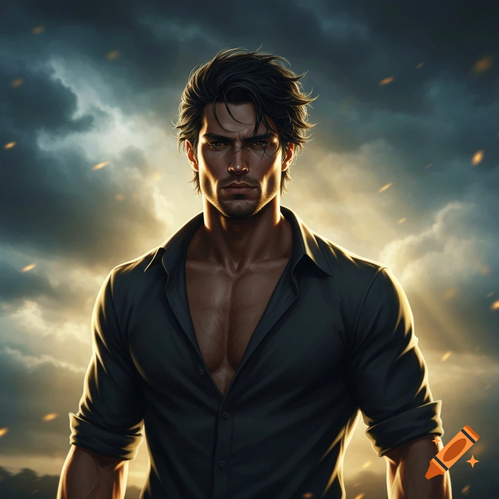 A handsome man with dark, wavy hair and an open dark shirt stands against a dramatic stormy sky with fiery embers.