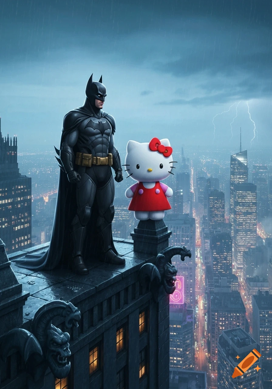 Batman and Hello Kitty stand on a dark, wet gothic rooftop overlooking a rainy city with lightning in the background, photorealistic style.