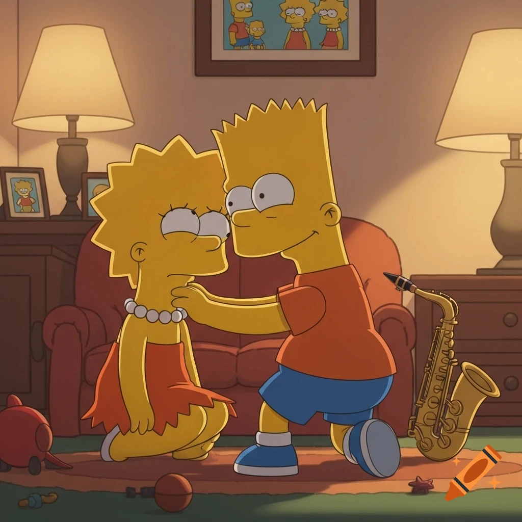 Bart Simpson kneels before Lisa Simpson, tenderly holding her face in a cartoon living room setting.
