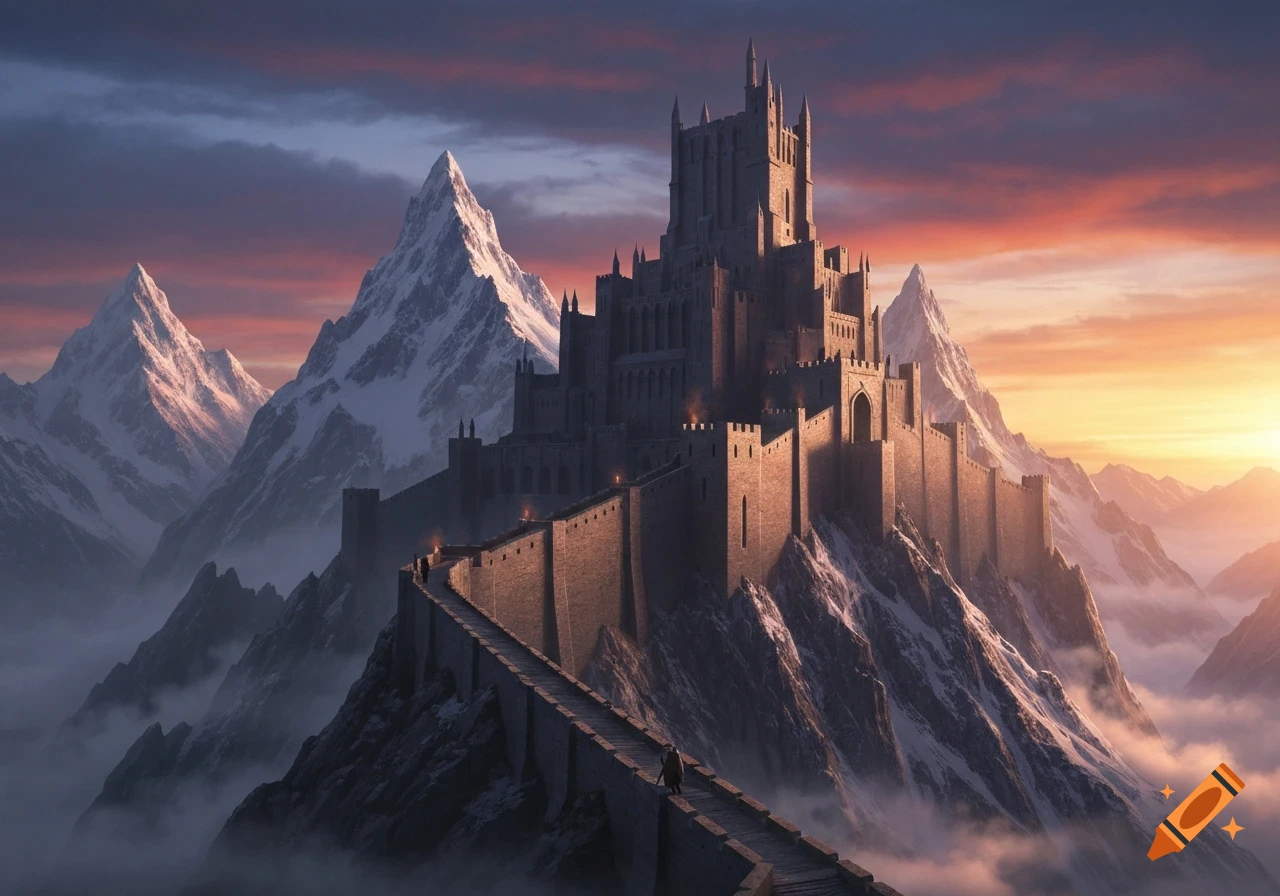 A majestic fantasy castle on a snow-capped mountain peak, with a long ...