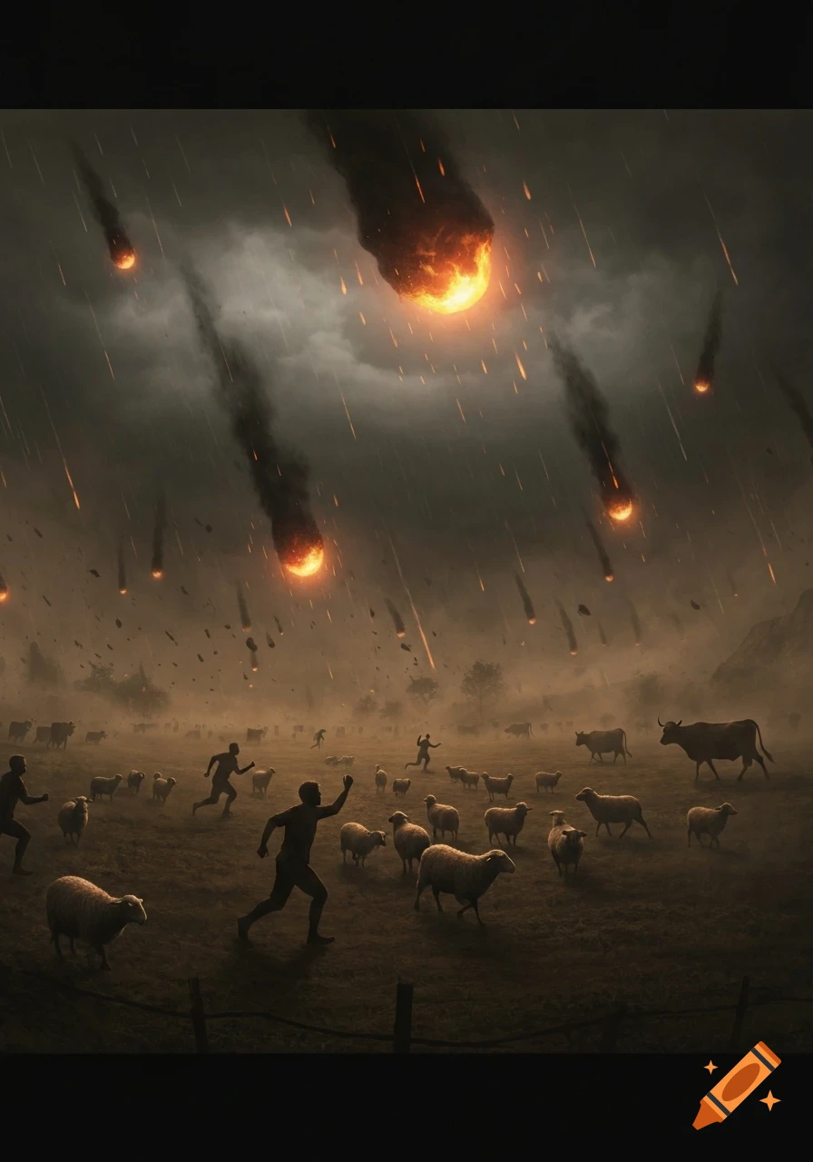 People, sheep, and cattle flee across a field as fiery meteors fall from a dark, stormy sky in a photorealistic style.