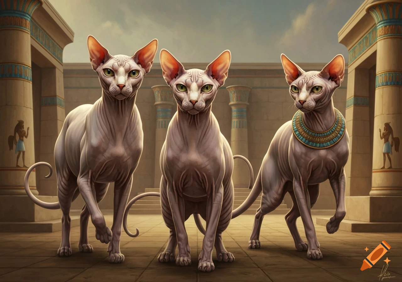 Three regal Sphynx cats stand proudly in an ancient Egyptian temple, depicted in a painterly style.