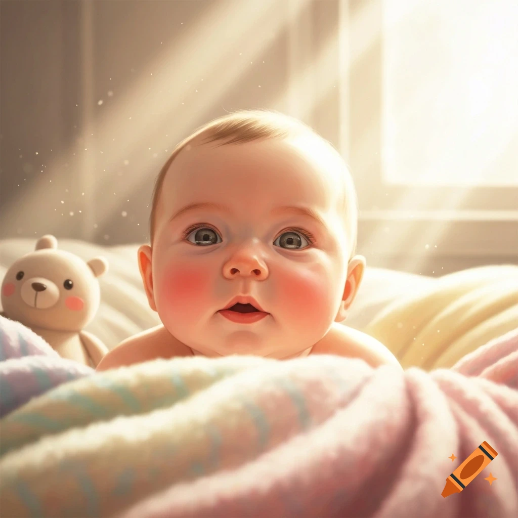 Close-up photorealistic portrait of a cute baby with rosy cheeks, looking forward, with a teddy bear and soft light in the background.