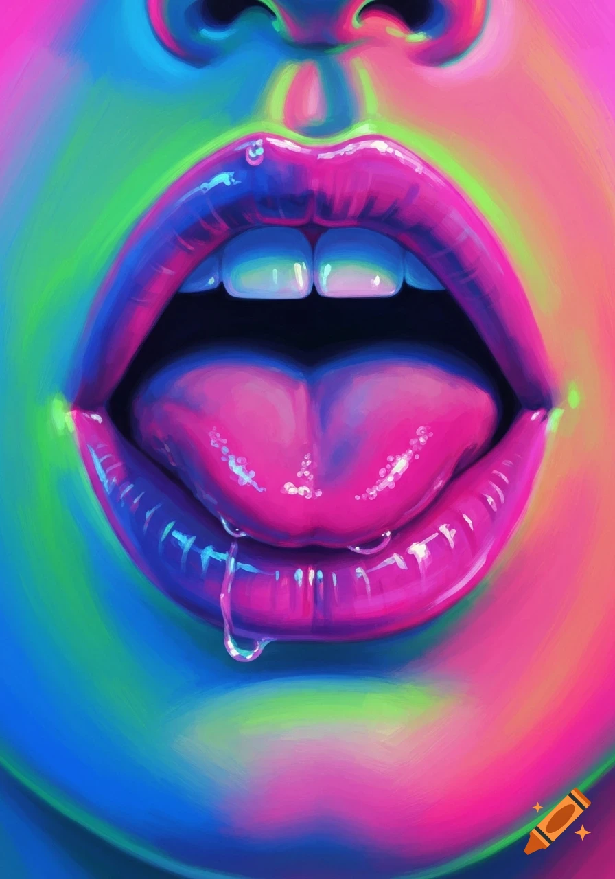 Close-up of a vibrant neon painterly mouth with a pink tongue sticking out, saliva dripping.