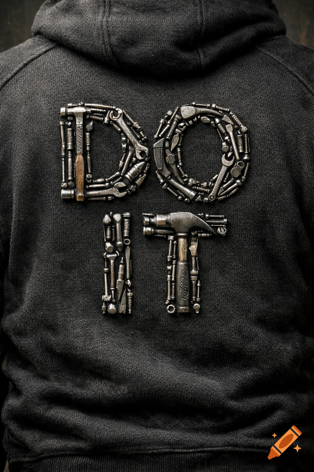Back of a person wearing a dark grey hoodie, with the words 'DO IT' spelled out in metallic tools.