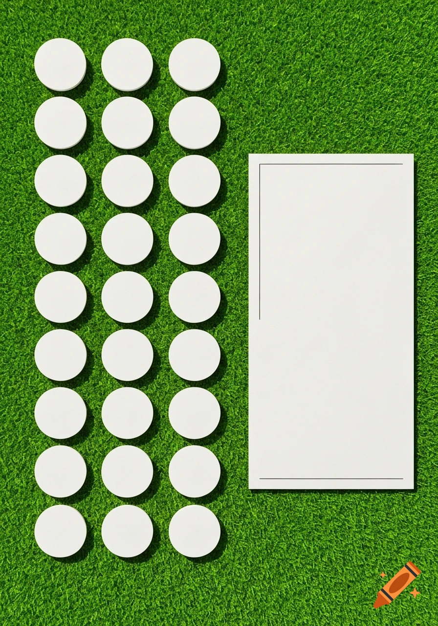 White circles in columns next to a blank white card, all on a bright green grass background viewed from above.