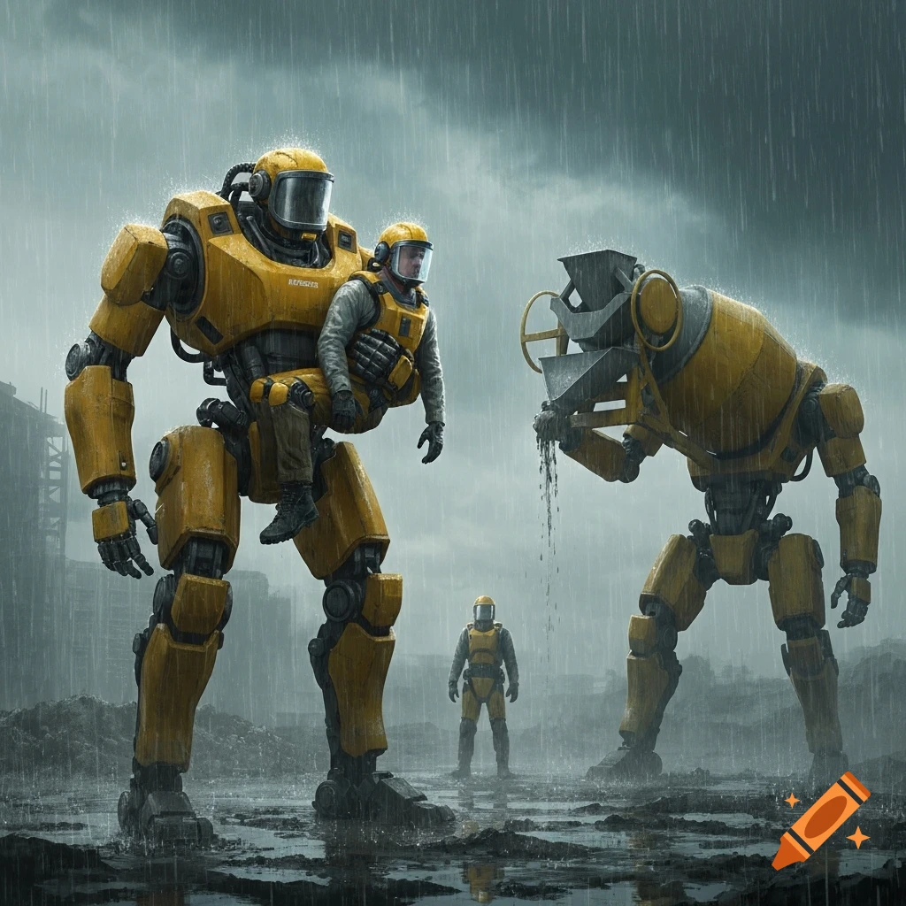 Photorealistic image of yellow robots and men in exoskeletons on a muddy construction site during heavy rain. A large robot carries a man.