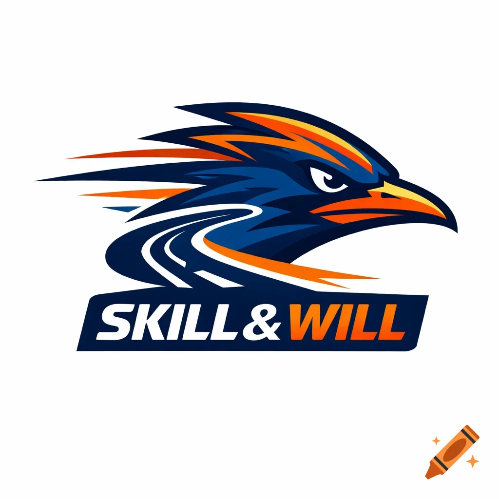 A vibrant blue and orange logo features a stylized roadrunner or eagle head in profile, with the text 'SKILL & WILL' below.