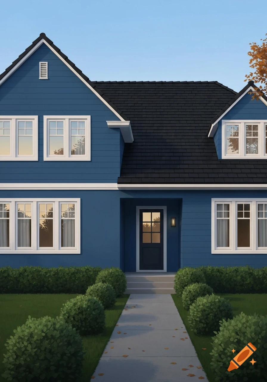 A blue house with a black roof, white windows, and a front path lined with green bushes, under a clear blue sky.