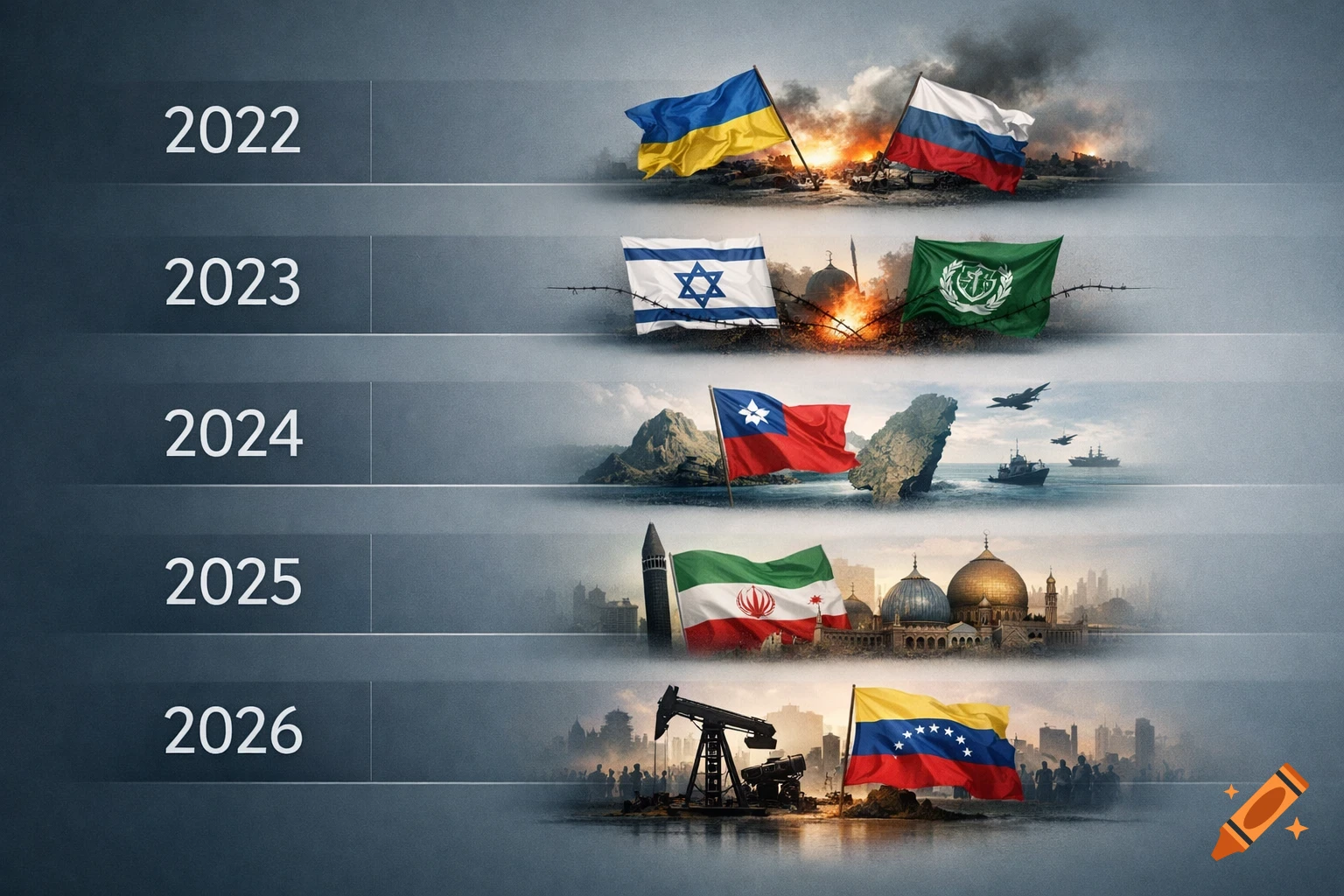 A timeline from 2022-2026, each year featuring flags of countries like ...