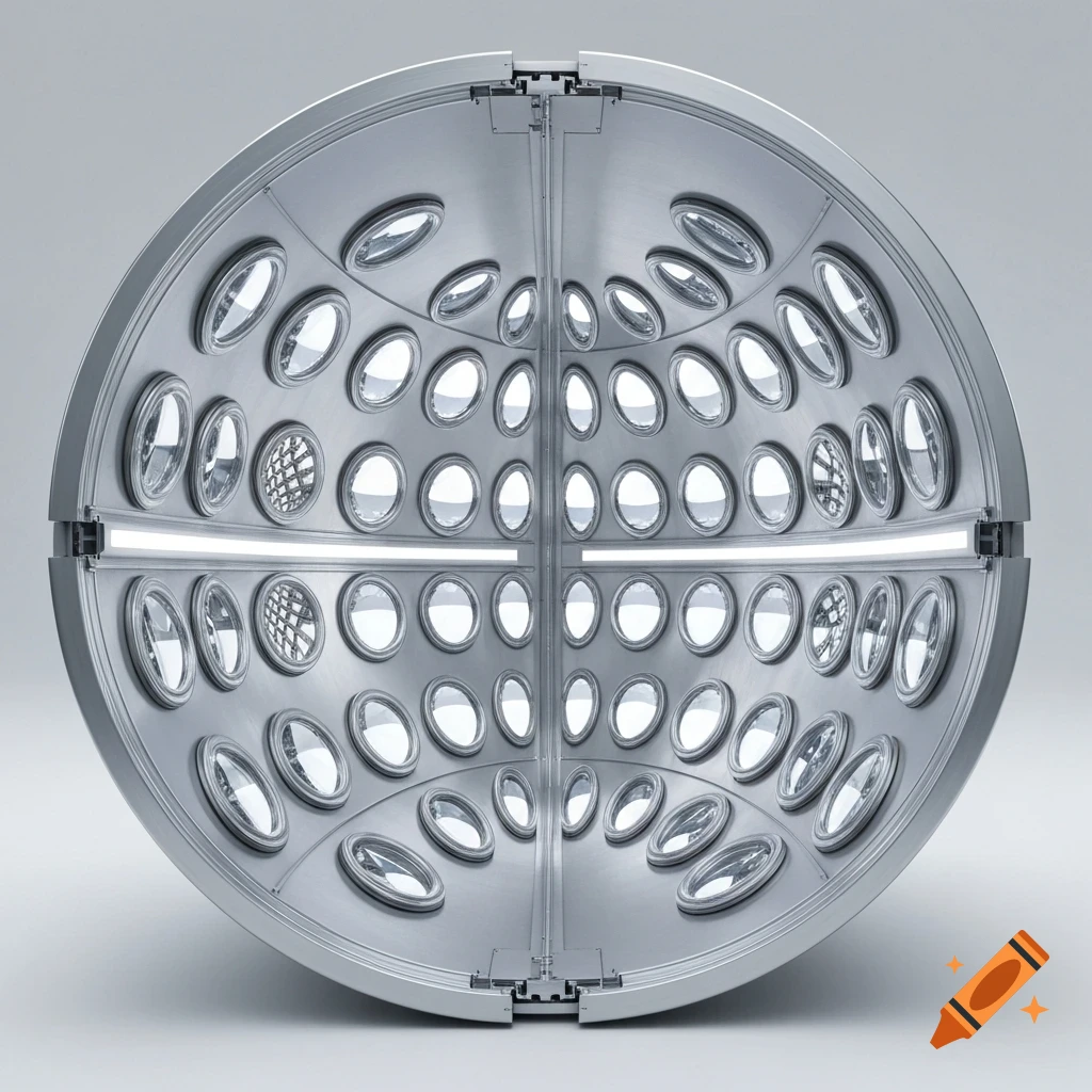 A detailed cross-section of a metallic, spherical object with numerous reflective glass peepholes and internal lighting strips.