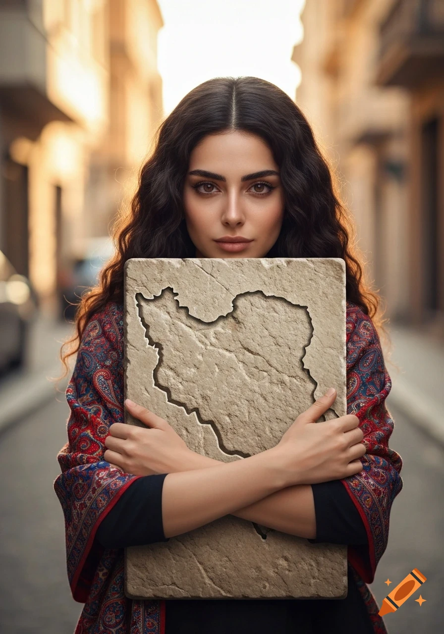 A young Persian woman with dark wavy hair holds a stone tablet carved with the map of Iran, standing in an urban street at golden hour.